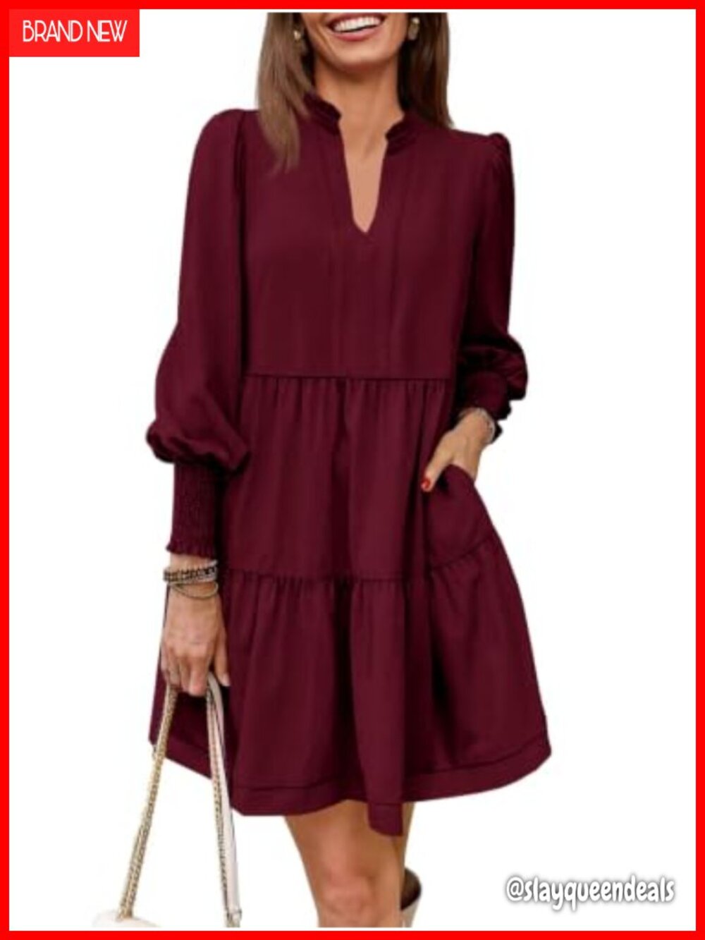 Womens Long Sleeve Tunic Dress V Neck Tiered Casual Mini